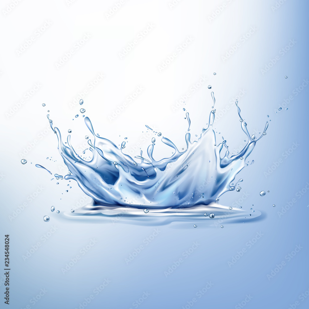 飞溅在水面上的三维逼真矢量。蓝色液体皇冠，带有水滴和波浪的冻结运动