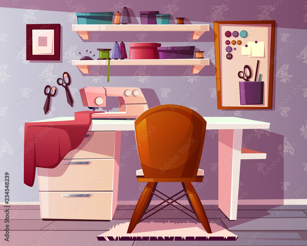 Vector background of tailor room, handicraft or needlework area. Studio of a seamstress with a sewin