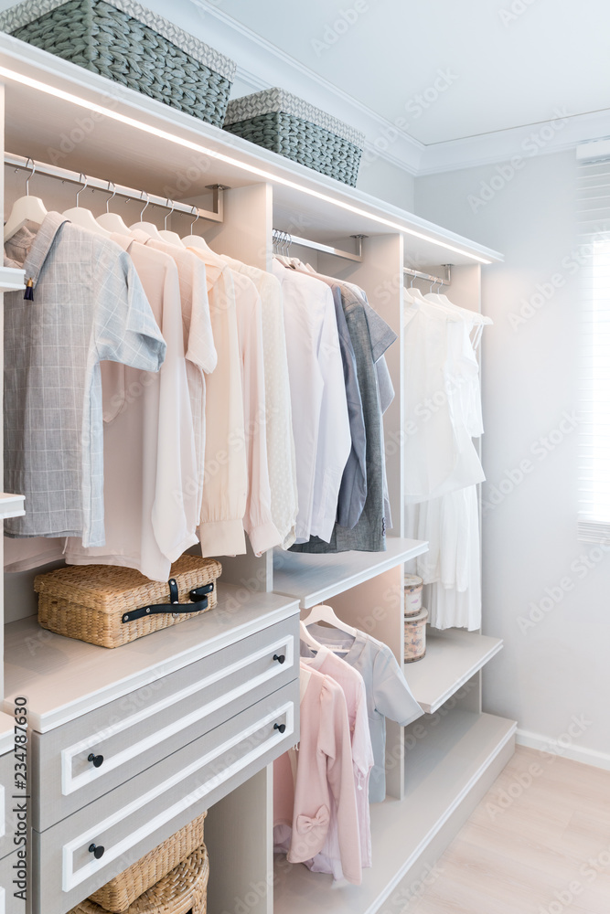 Modern interior wardrobe with shirt and dress in shelf.