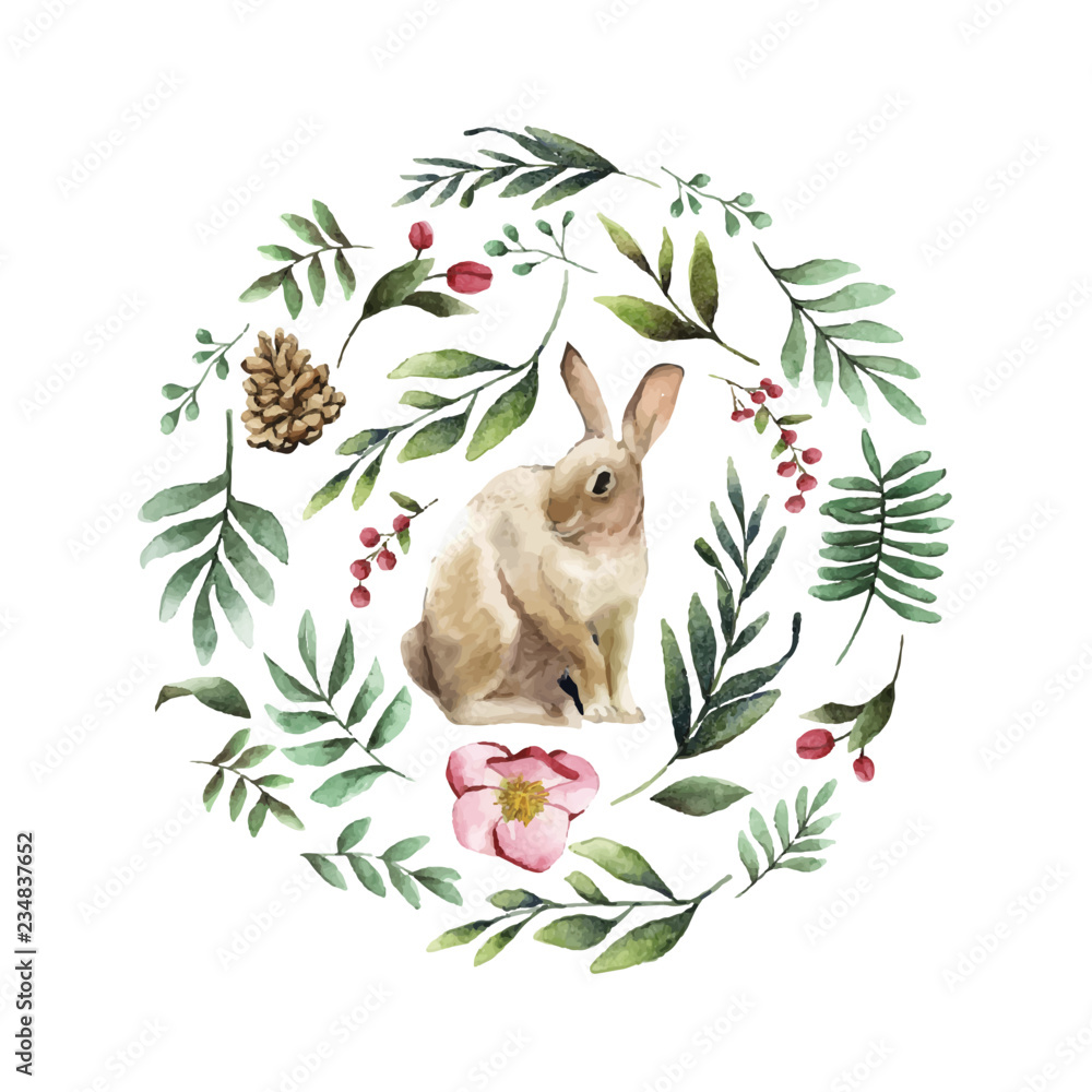 水彩矢量画的被冬季花朵包围的兔子