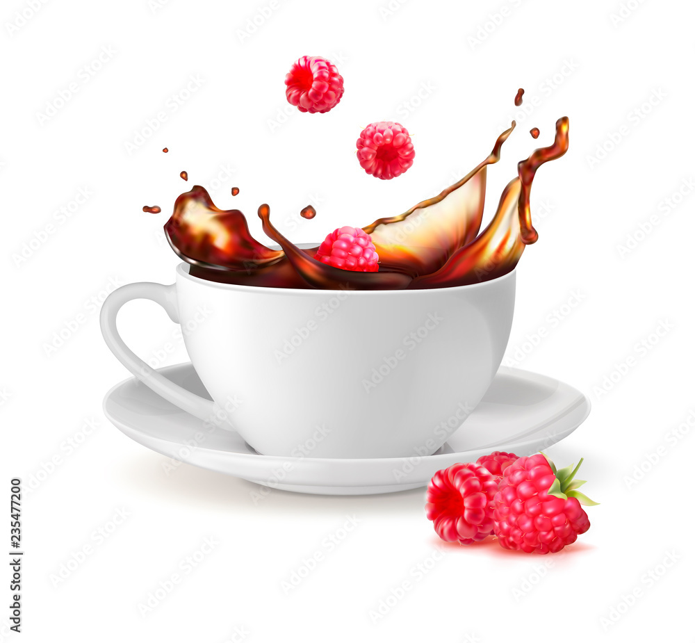 杯子里有一点茶和新鲜的树莓。白色背景上的矢量插图