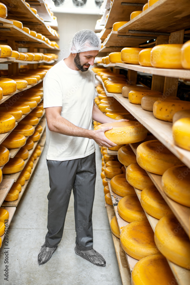储藏室里的奶酪制造商，在陈化过程中货架上摆满了奶酪轮