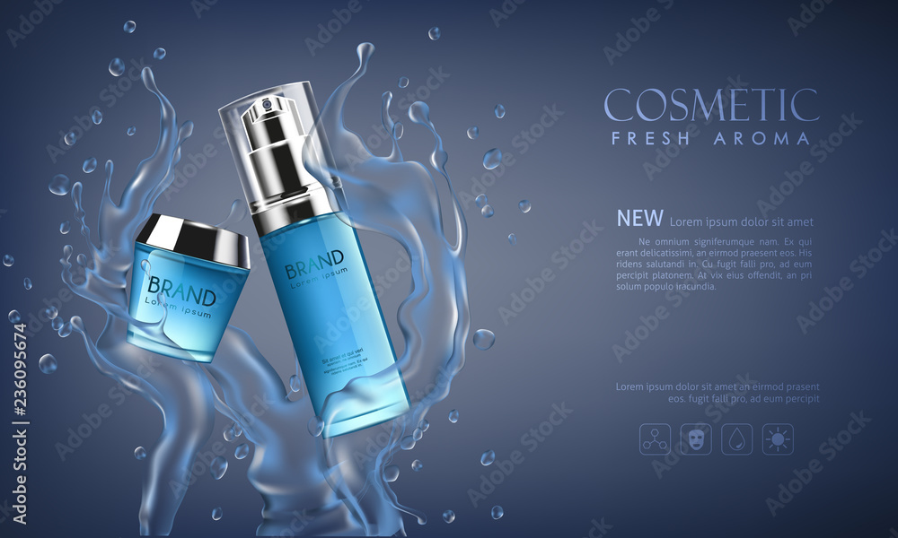 Vector bottle serum cosmetic mockup with  transparent water and shine on bokeh background, with your
