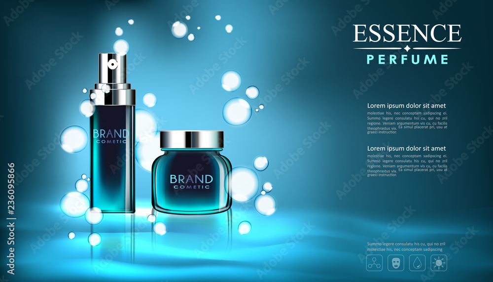 矢量喷雾瓶清新香气化妆品模型，蓝色背景，带有您的品牌，可供打印
