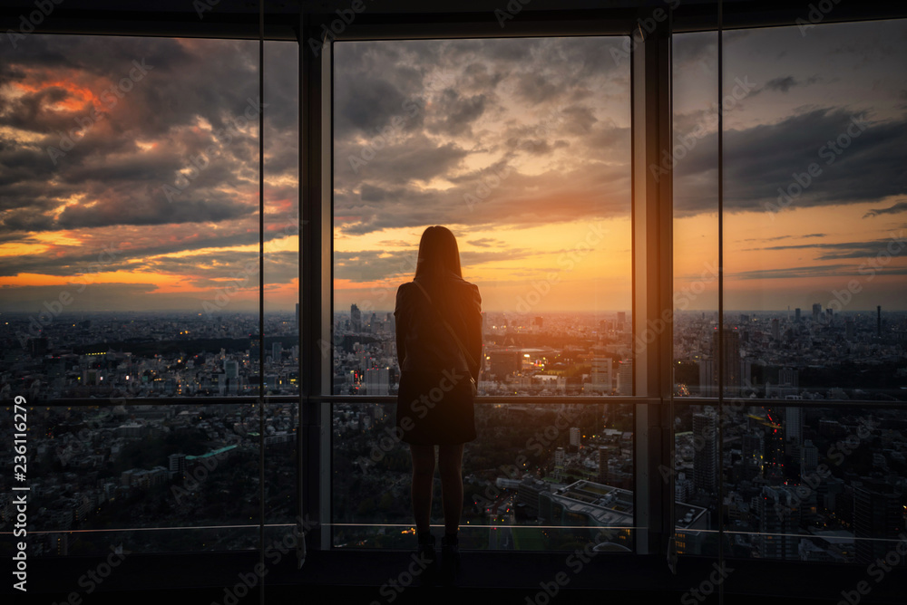 Traveler女士眺望东京天际线的后视图和观景台上摩天大楼的视图