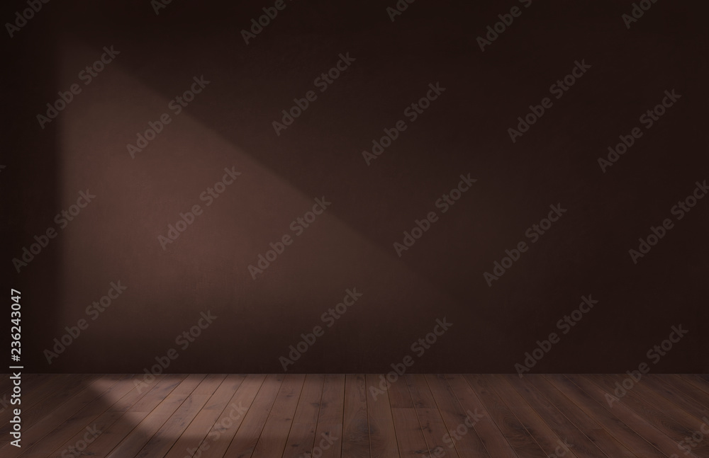 木地板的空房间里的深棕色墙壁