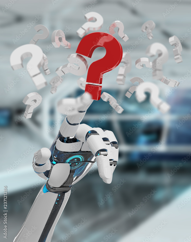 White robot hand using digital question marks 3D rendering