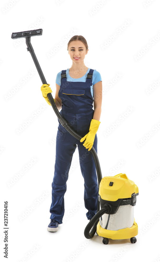 Woman with vacuum cleaner on white background