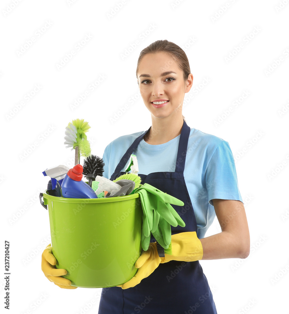 Woman with cleaning supplies on white background