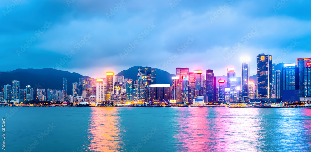香港城市天际线与建筑景观夜景……