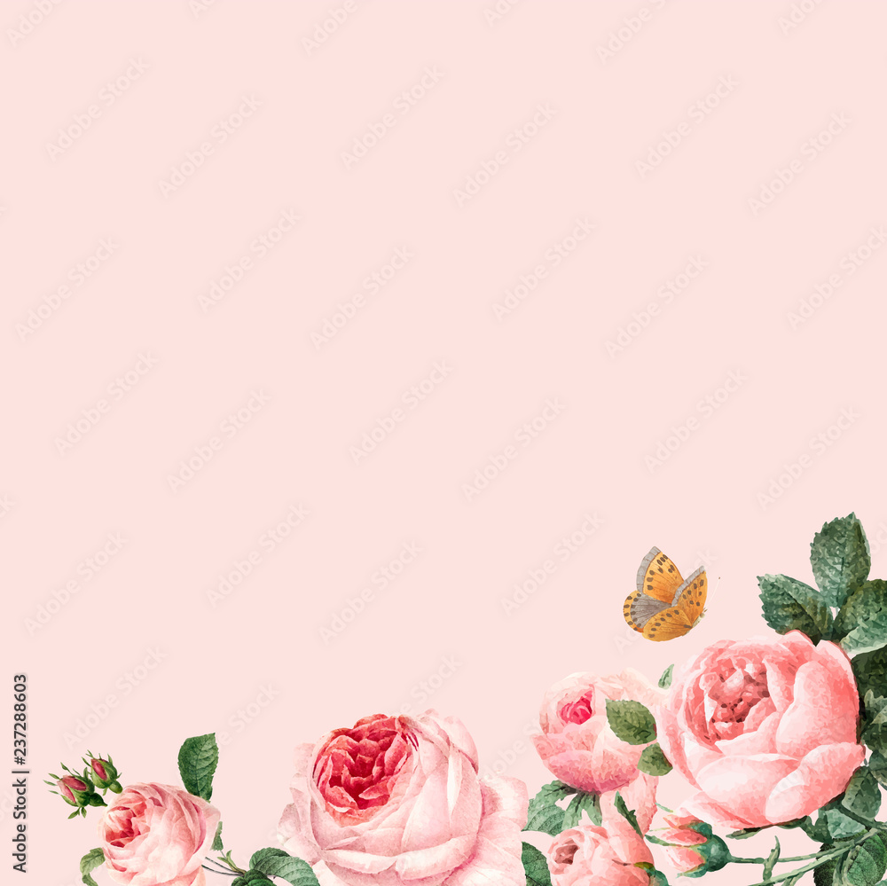 淡粉色背景矢量上的手绘粉色玫瑰框架