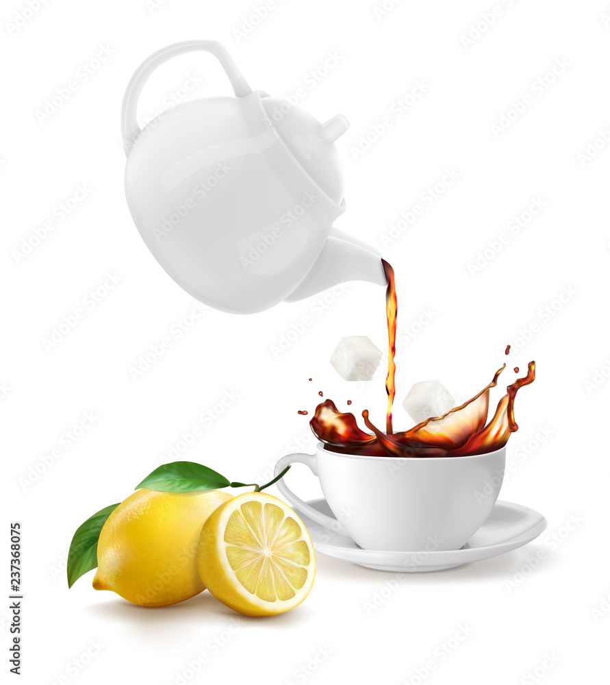 一个装有一杯柠檬茶的茶壶。白色背景上的矢量插图。