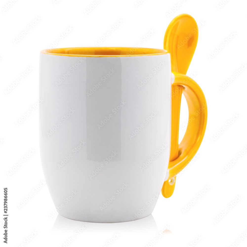 Blank coffee mug and spoon isolated on white background. Empty tea cup for your design. ( Clipping p