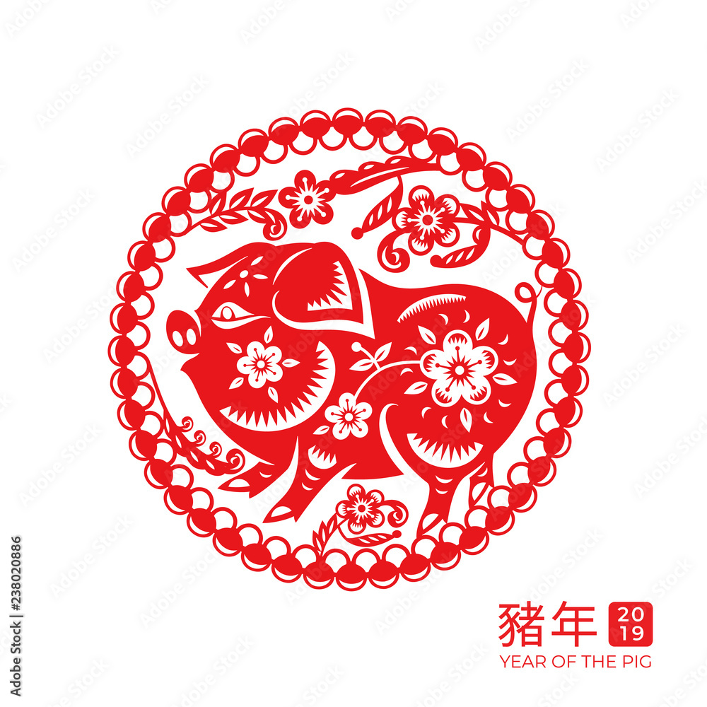 2019中国农历新年猪生肖，花和树枝在装饰圈。辛年查拉