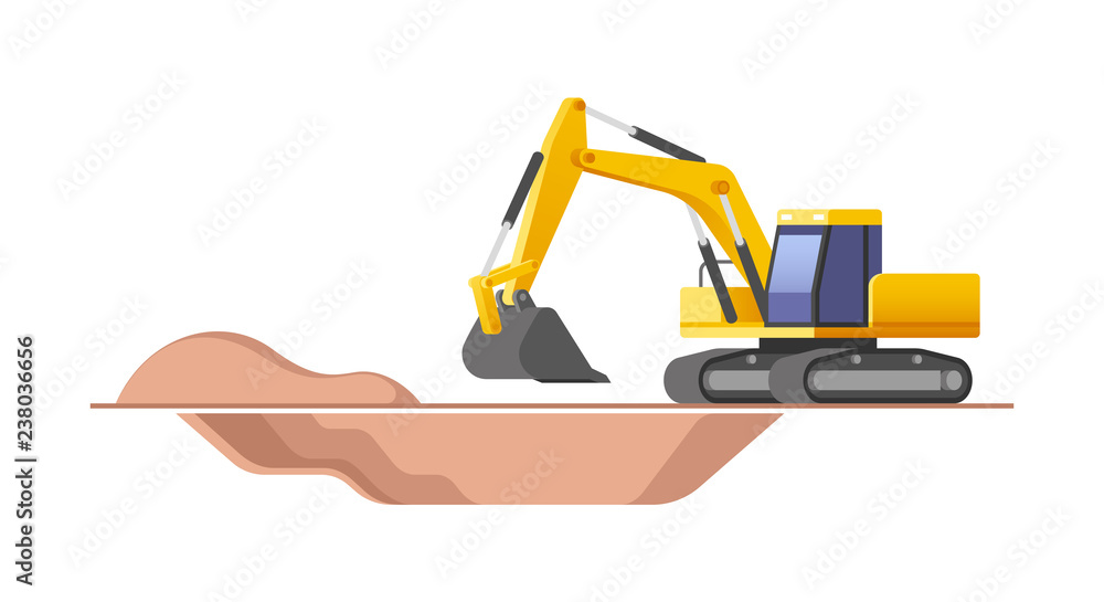 Excavator in action at construction site. Vector illustration.