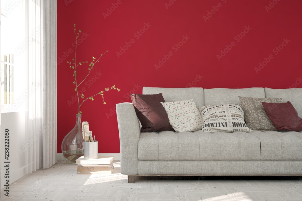 带沙发的红色极简主义房间的理念。斯堪的纳维亚室内设计。3D插图