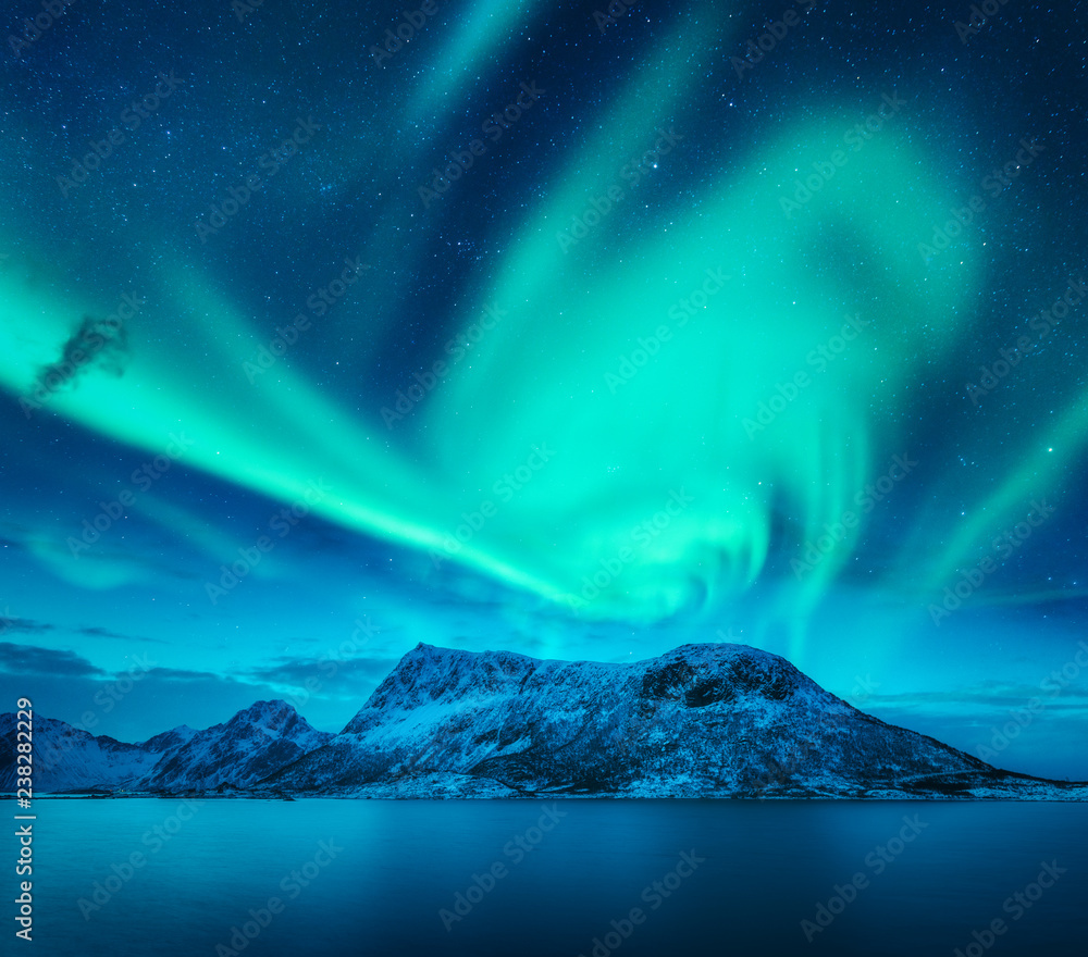 挪威罗弗敦群岛白雪皑皑的山上的北极光。冬天的北极光