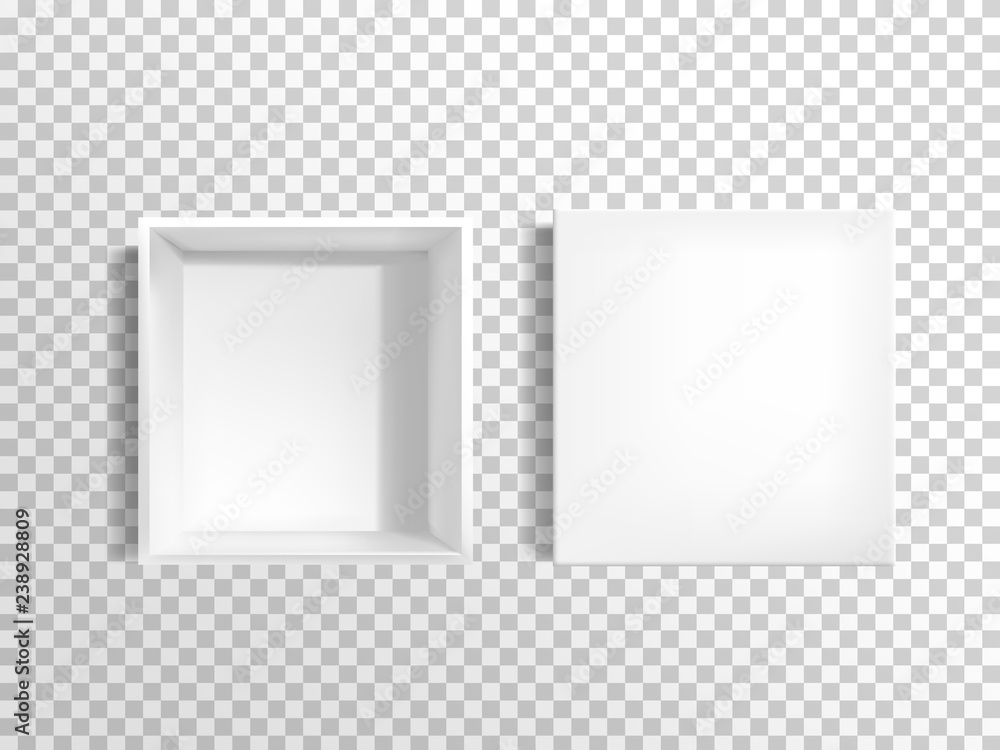打开的、空白的白色、方形、空纸板或塑料盒，取下盖子，俯视图三维逼真