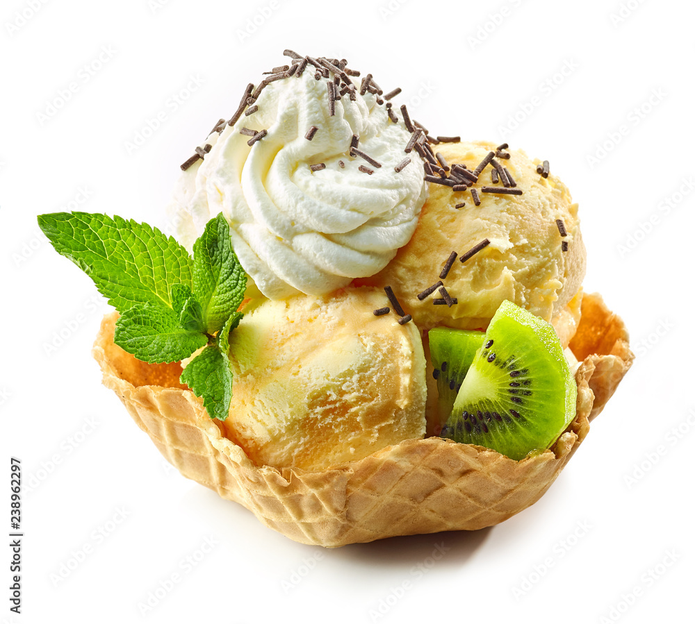 orange ice cream in waffle basket