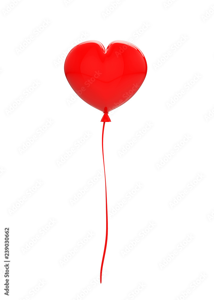 在白色的阳光下隔离的心脏形状的红色气球。3d渲染。