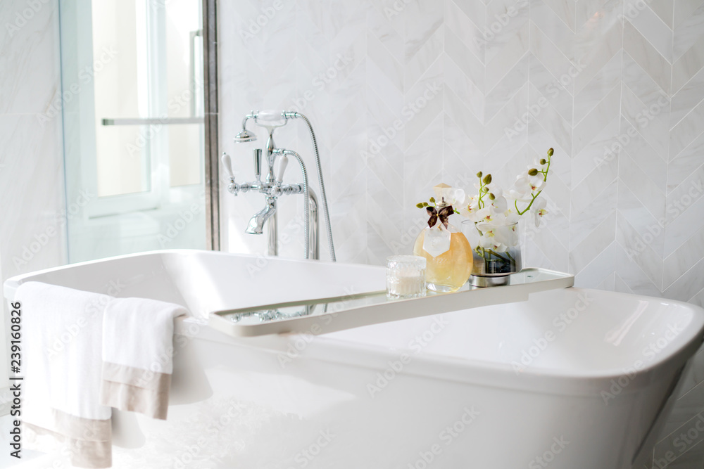 close up chrome faucet shower bath tub room  interior design