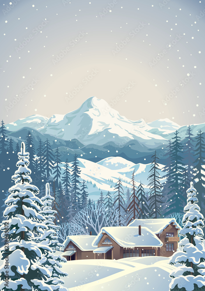 阴天的冬季山地景观，前景是冷杉树，房屋类似于架子