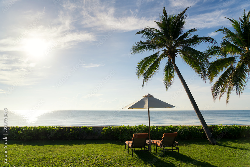 日出时，绿草上有一对沙滩椅，上面有一棵大棕榈树，美丽的蓝天海滩