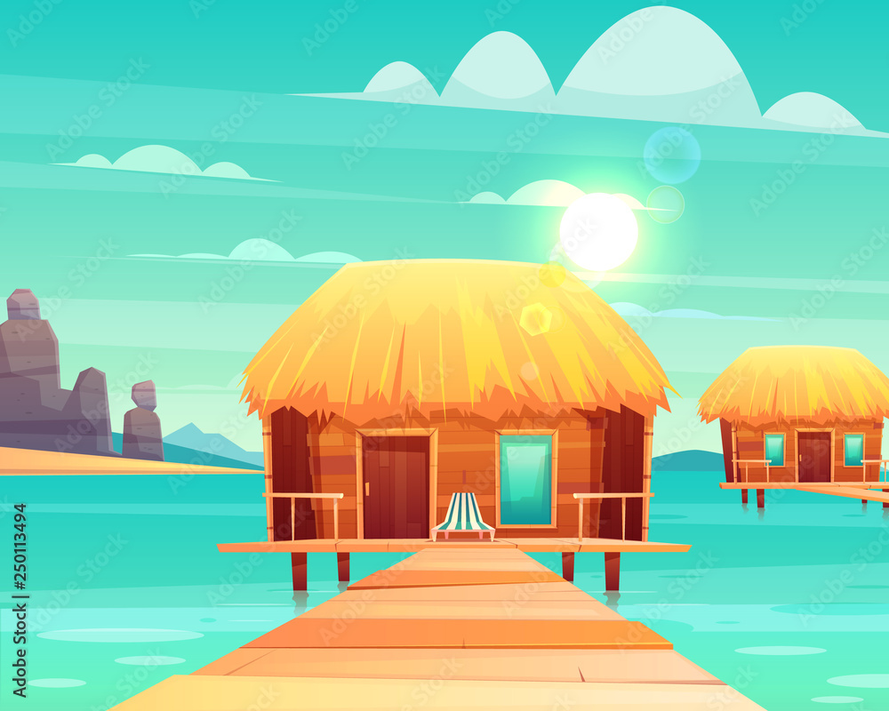阳光明媚的热带海岸卡通矢量il码头上舒适的茅草屋顶木制平房