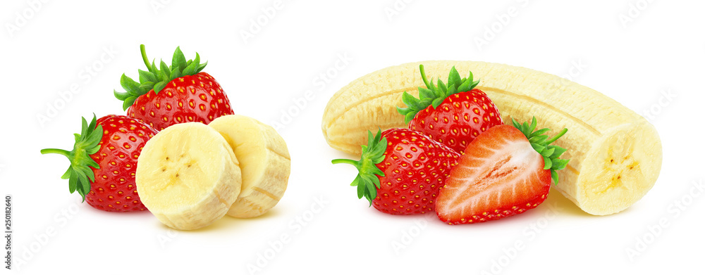 香蕉和草莓在白色背景上分离，带有修剪路径