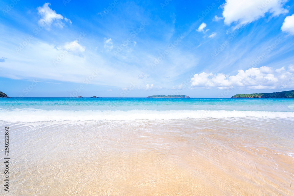 美丽迷人的金色沙滩，柔软的海浪与晴朗的蓝天隔离。概念
