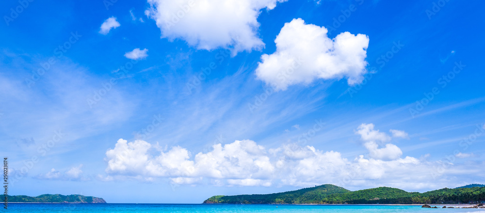 美丽而神奇的金色沙滩，柔软的海浪与晴朗的蓝天隔离。概念