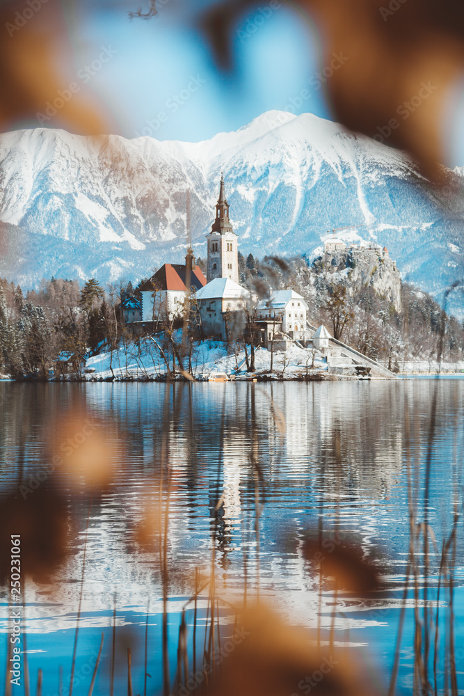 斯洛文尼亚冬季日出时的布莱德湖、布莱德岛和城堡