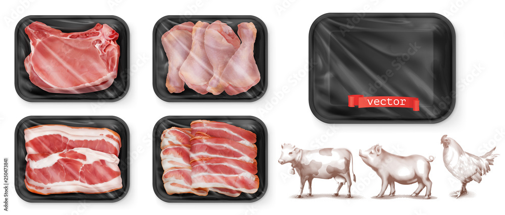 肉类食品。牛肉、猪肉、鸡腿。黑色聚苯乙烯包装。三维矢量逼真套装。高质量