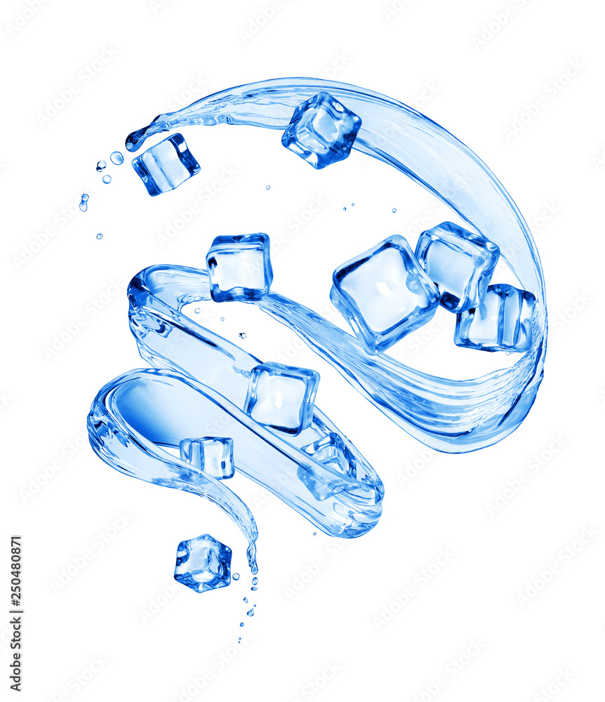 Water splashes in a swirling shape with ice cubes,isolated on white background