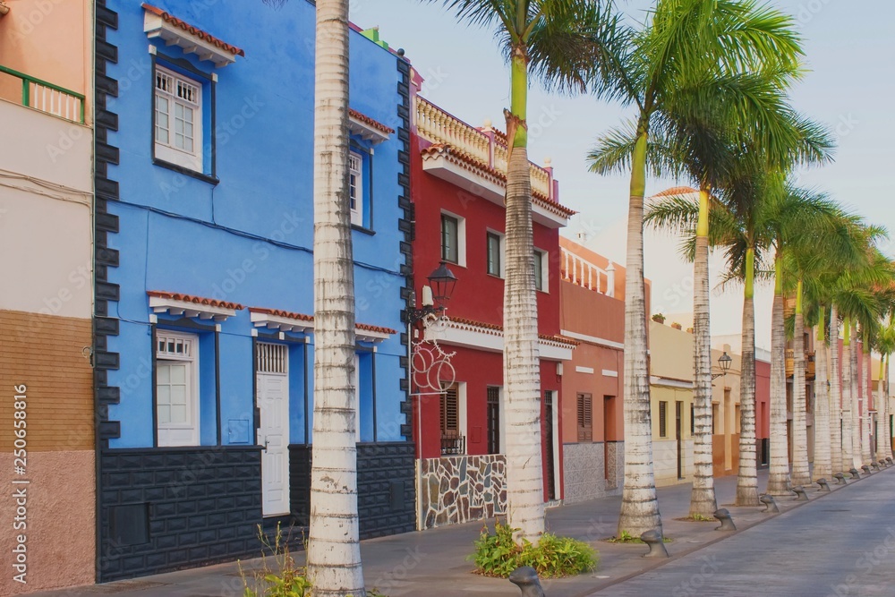 城市街道-美丽多彩的典型西班牙殖民建筑，特内里费岛圣克鲁斯港，