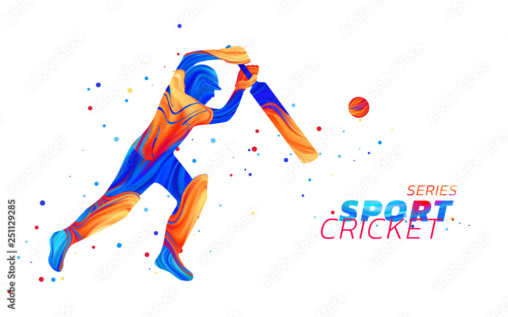 Vector abstract illustration of batsman playing cricket from colored liquid splashes and brush strok