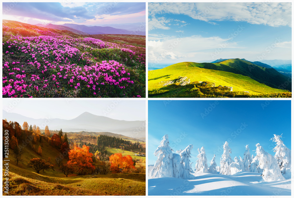 Four season nature landscapes in mountains. Natural backgrounds