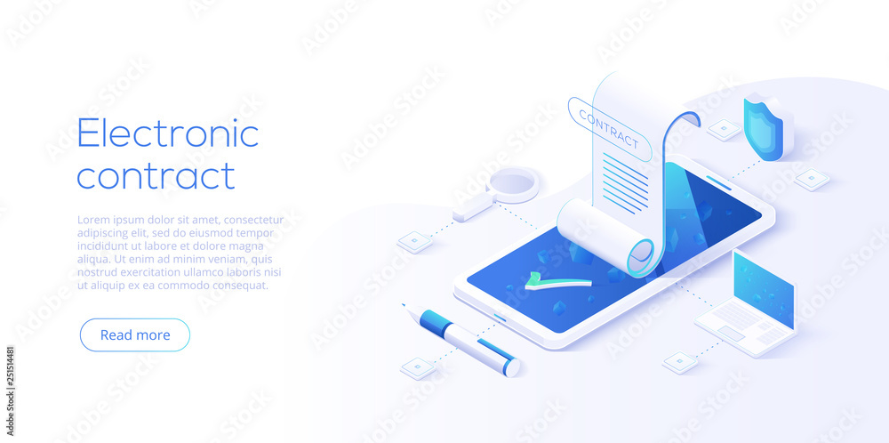 Electronic contract or digital signature concept in isometric vector illustration. Online document s