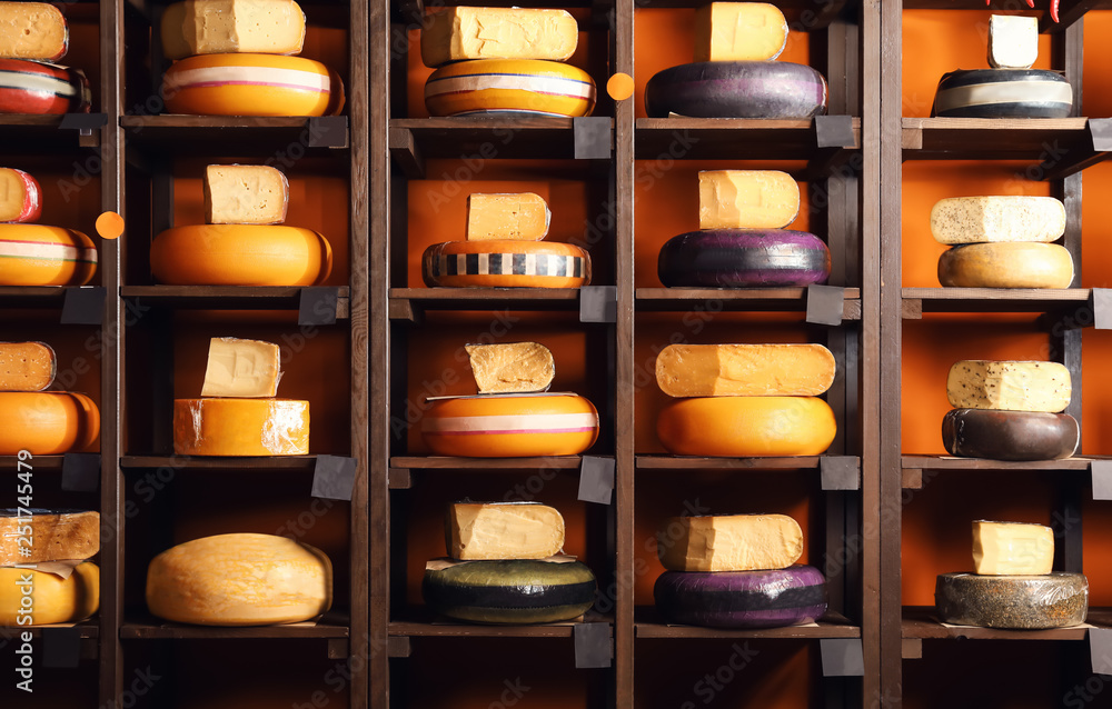 商店货架上的各种美味奶酪