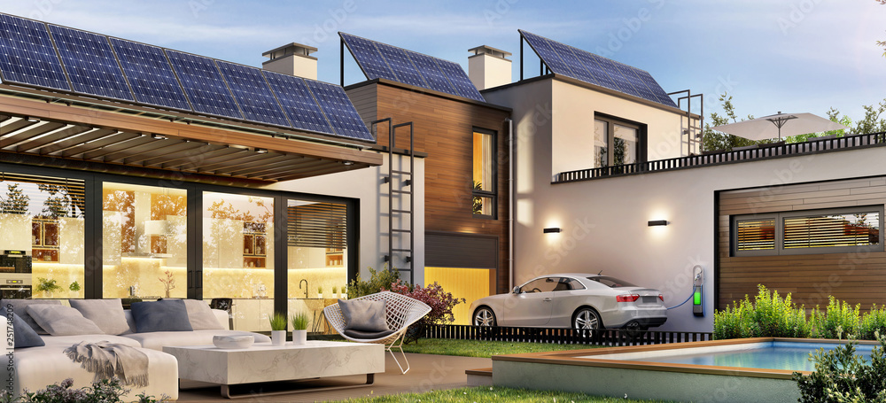 带太阳能电池板和电动汽车的现代住宅
