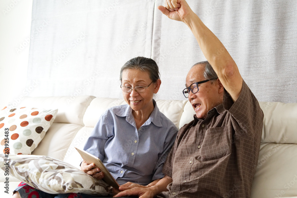 坐在沙发上的老年夫妇看着平板电脑感到高兴和愉快。老年人来了