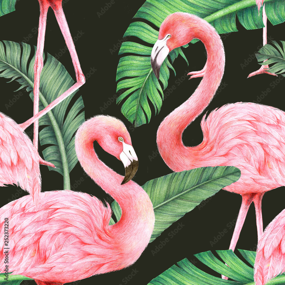 丛林棕榈叶和火烈鸟无缝图案，彩色铅笔绘制技术，插图