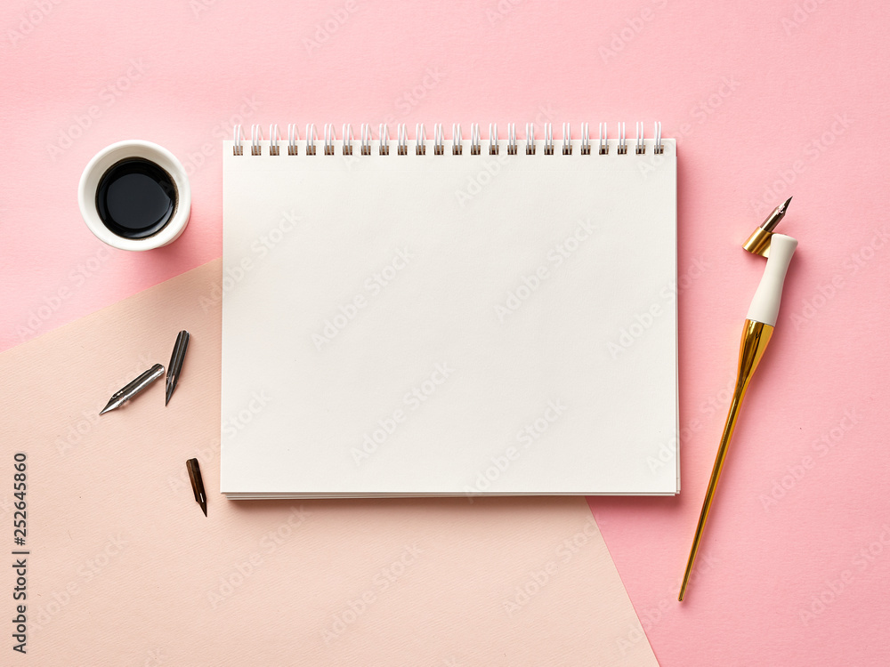 粉红色背景上用书法笔和墨水绘制的空白艺术家素描本的模型。从到观看