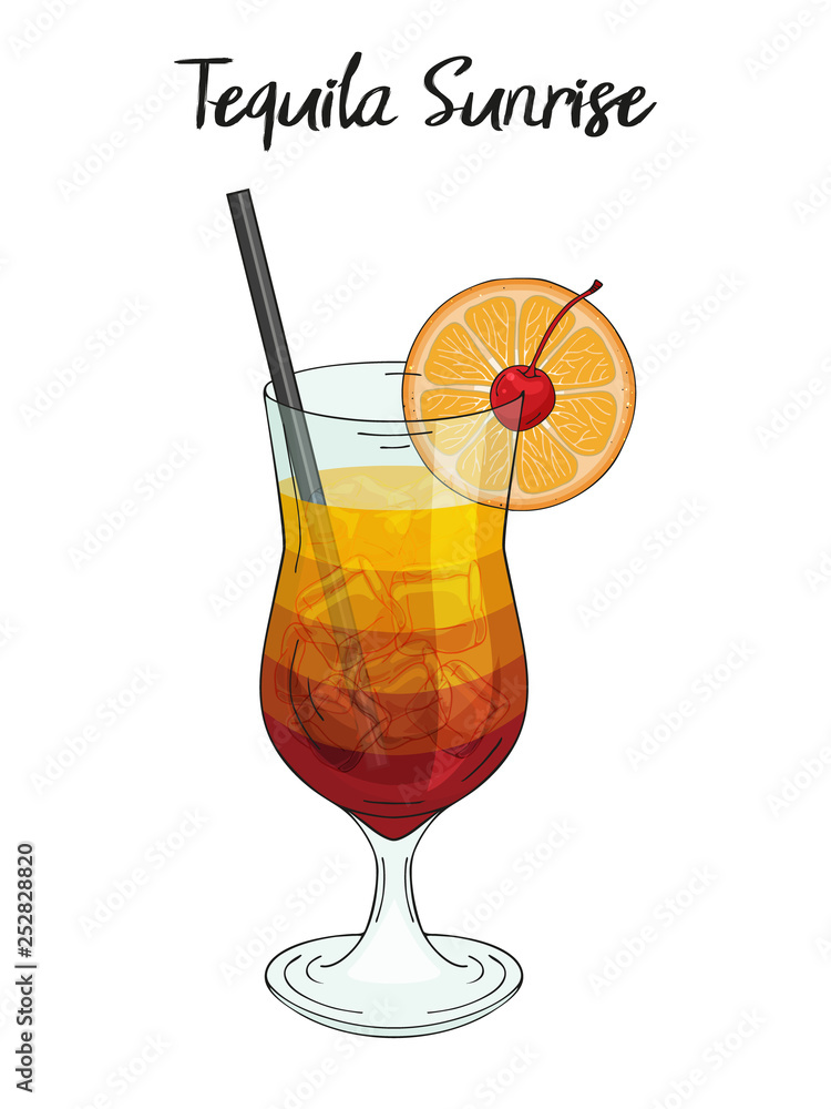 龙舌兰日出鸡尾酒，配橙色装饰、吸管和樱桃。咖啡馆和餐厅菜单，p