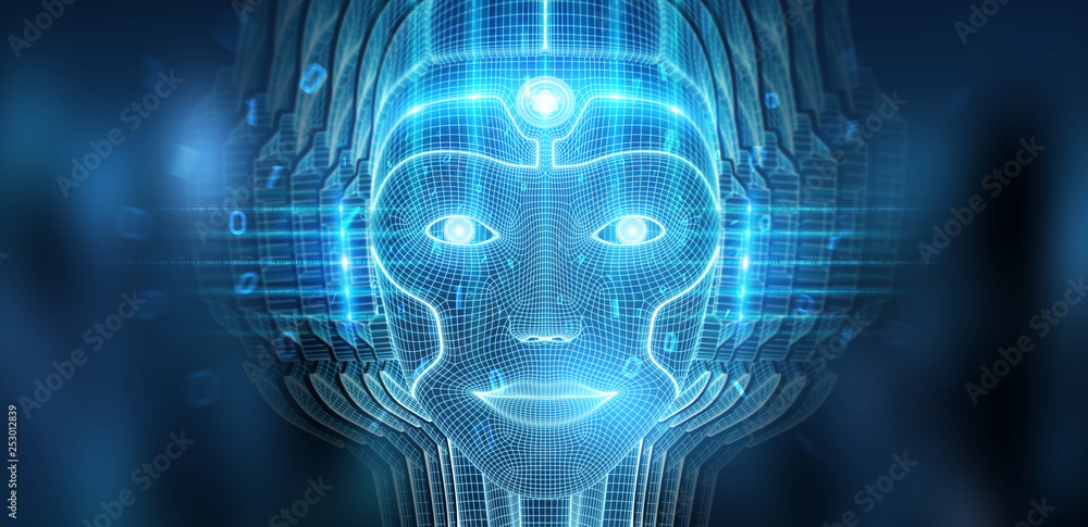 代表人工智能3D渲染的机器人女性半机械人人脸