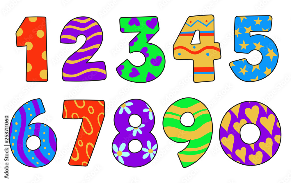 Set of bold numbers collection. Colorful decoration. Hand drawn numbers vector illustration.