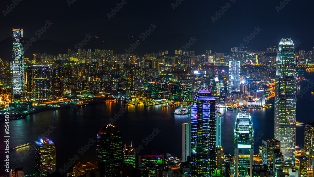 Hong Kong city view from The Peak at night, Victoria Harbor view from Victoria Peak at night, Hong K