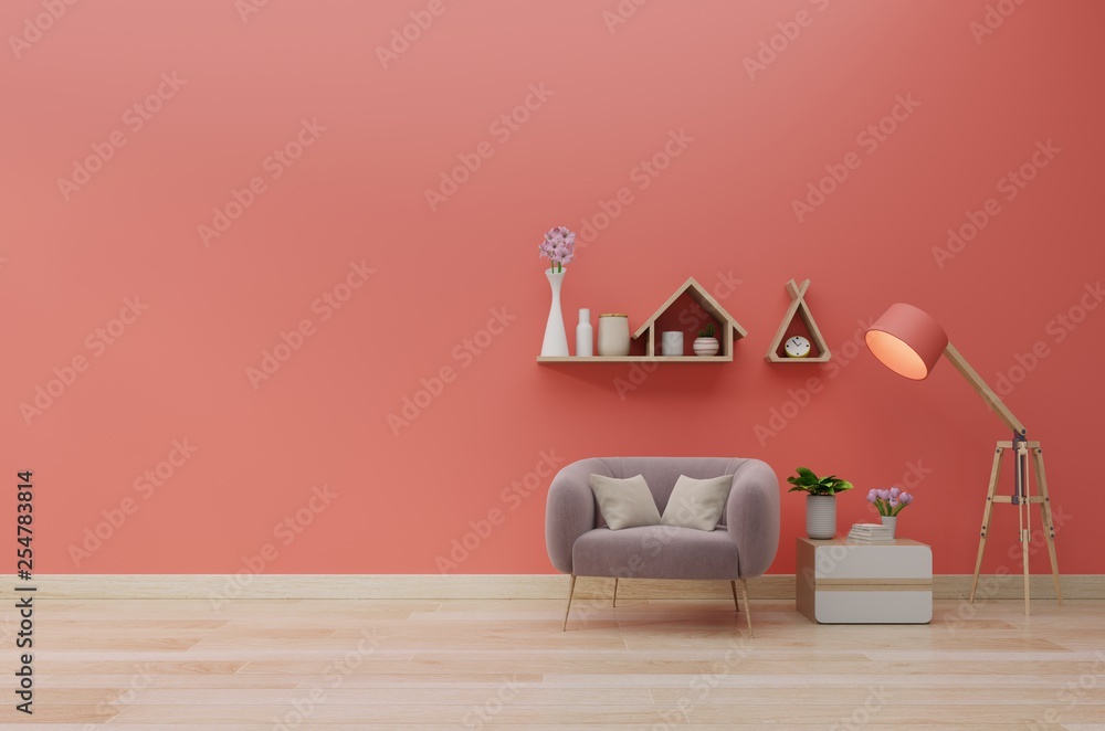 Modern living room with armchair have cabinet and wood shelves on coral color wall background,3d ren