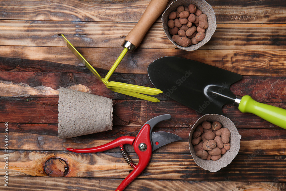 Composition with gardening tools on wooden background