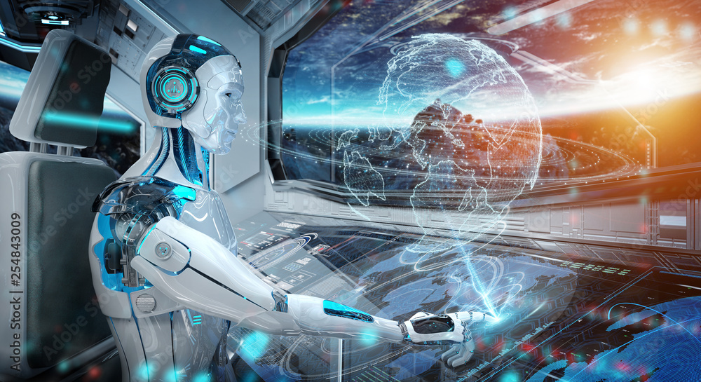 控制室里的机器人驾驶一艘白色现代宇宙飞船，可以看到太空和数字地球的窗户